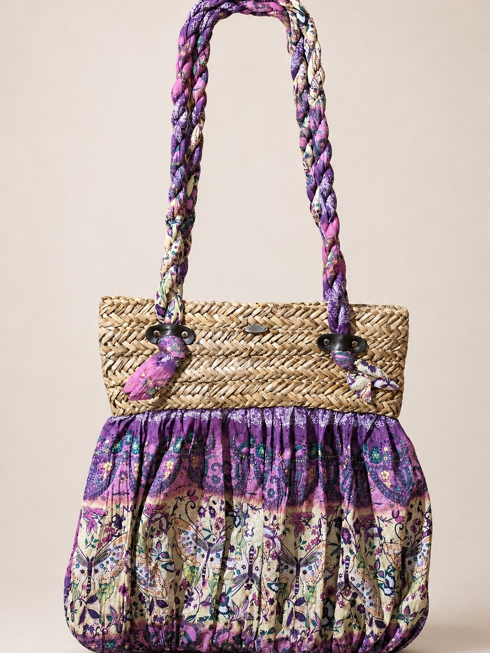Cappelli Straworld Purple Floral Straw Tote with Braided Handles